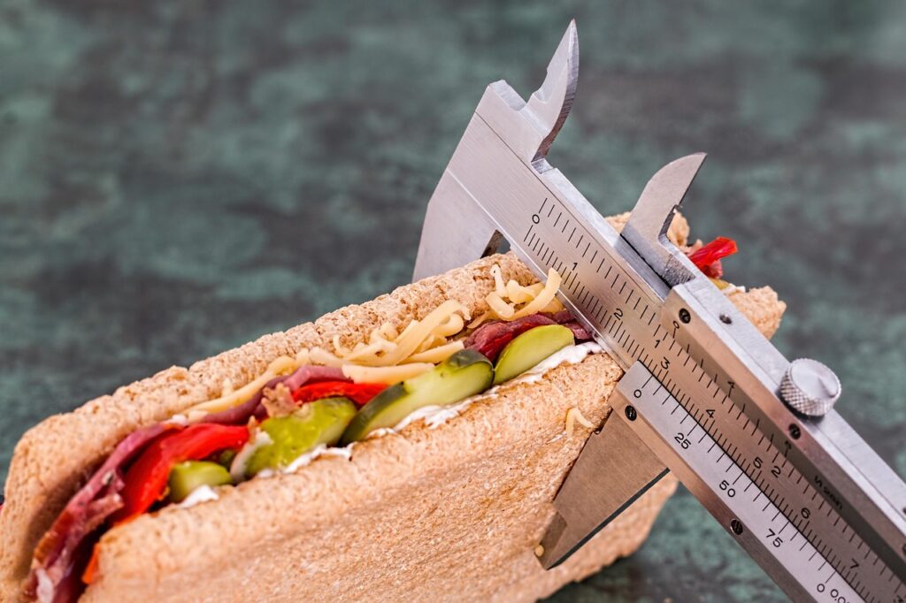 Measuring a healthy sandwich to illustrate nutrition and portion control